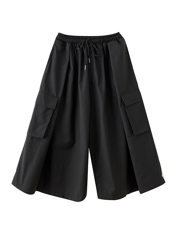 Simple Loose Wide Leg Drawstring Solid Color Casual Pants Bottoms