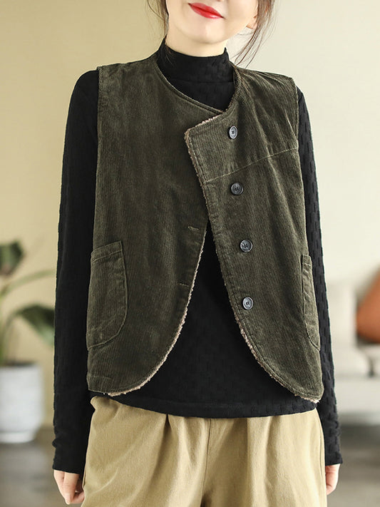 Vintage Sleeveless Loose Buttoned Split-Joint Solid Color Round-Neck Vest Outerwear
