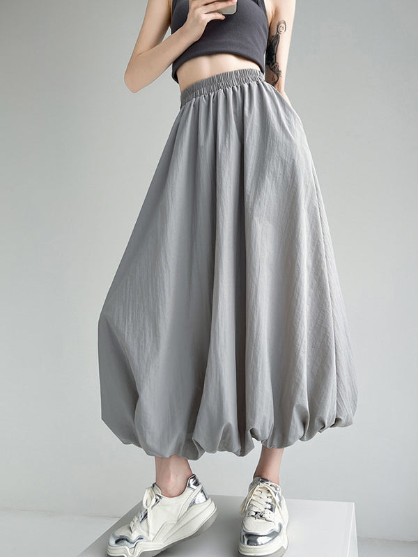 A-Line Loose Elasticity Pleated Pockets Solid Color Skirts Bottoms
