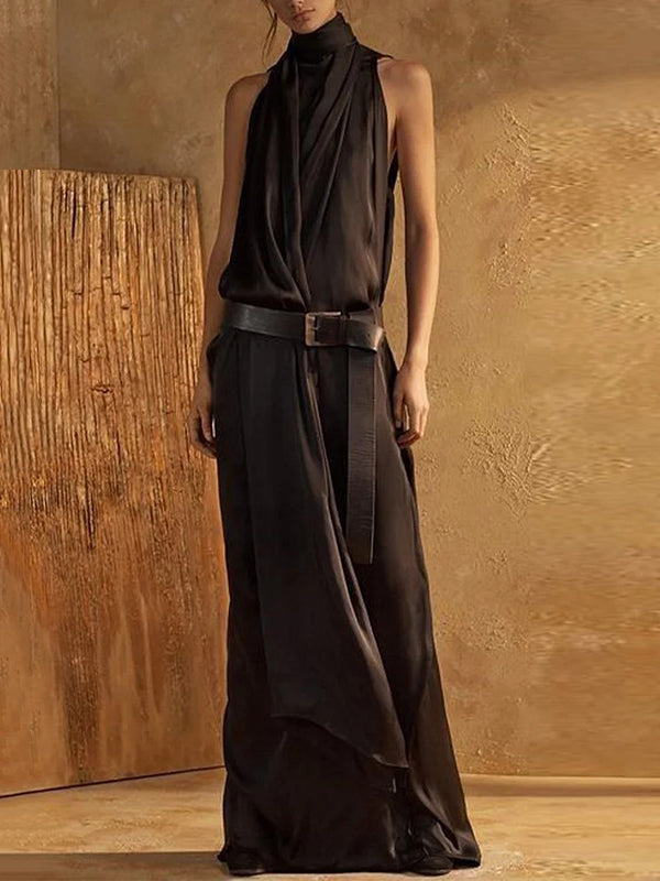 Loose Sleeveless Solid Color Split-Joint High Neck Maxi Dresses