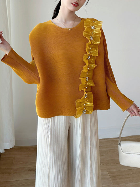 Batwing Sleeves Long Sleeves Pleated Ruffle Trim Solid Color Split-Joint Round-Neck T-Shirts Tops