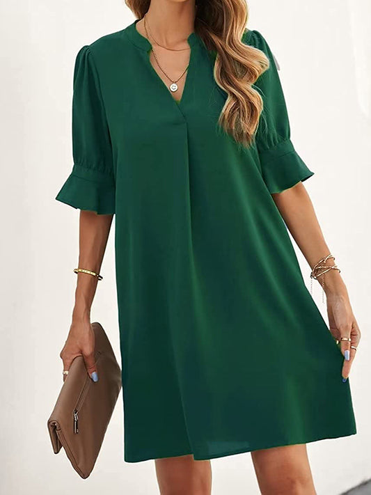 A-Line Flared Sleeves Pleated Ruffled Solid Color Split-Joint V-Neck Mini Dresses