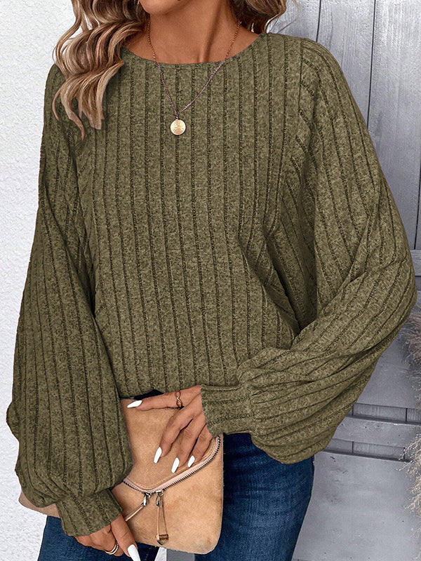 Puff Sleeves Loose Solid Color Split-Joint Round-Neck T-Shirts Tops