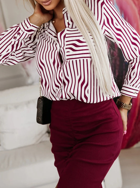 Long Sleeves Loose Buttoned Contrast Color Pockets Striped Lapel Blouses&Shirts Tops