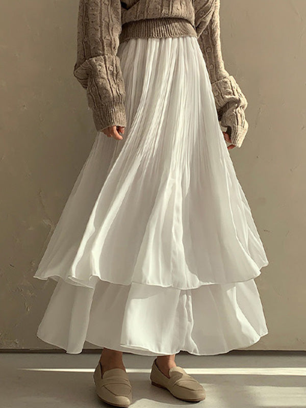 A-Line Loose Double Layered Pleated Solid Color Skirts Bottoms