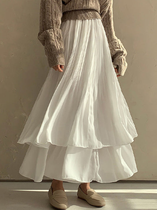 A-Line Loose Double Layered Pleated Solid Color Skirts Bottoms