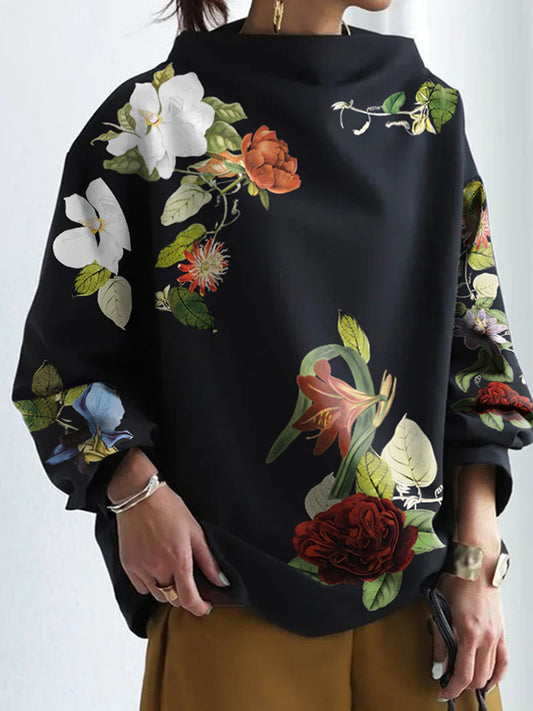 Long Sleeves Loose Asymmetric Floral Printed Split-Joint High Neck T-Shirts Tops
