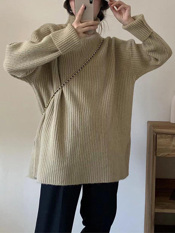 Long Sleeves Loose Solid Color Split-Joint Split-Side High Neck Sweater