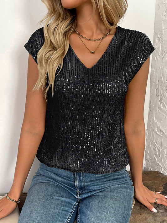 Batwing Sleeves Loose Sequined Shiny V-Neck T-Shirts Tops