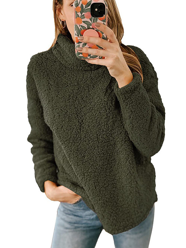 Long Sleeves Loose Solid Color Split-Joint High Neck Sweatshirt Tops