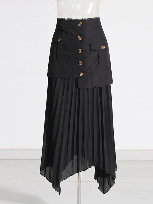 A-Line Loose Asymmetric Buttoned Pleated Split-Joint Zipper Skirts Bottoms