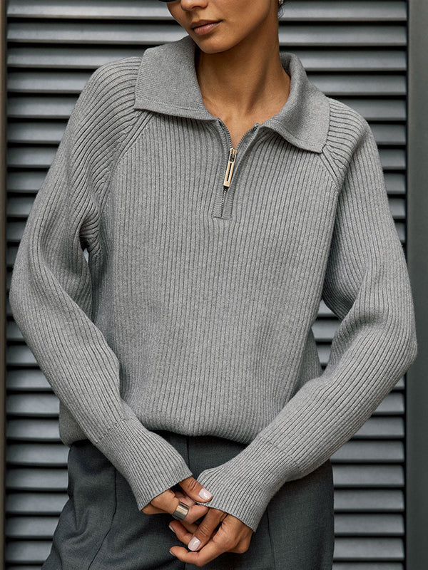 Long Sleeves Loose Solid Color Zipper Lapel Pullovers Sweater Tops