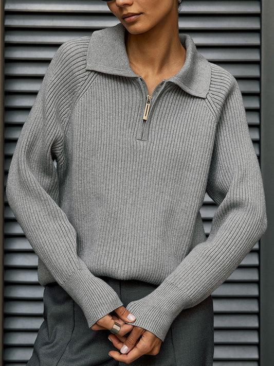 Long Sleeves Loose Solid Color Zipper Lapel Pullovers Sweater Tops