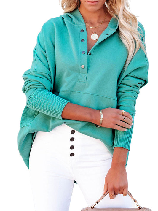 Batwing Sleeves Long Sleeves Buttoned Hooded Split-Joint V-Neck Hoodies Tops