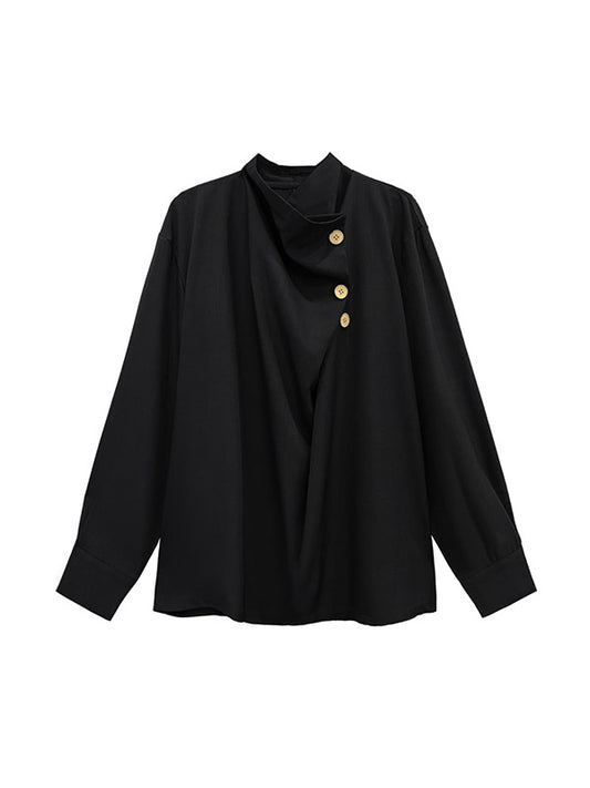 Long Sleeves Loose Asymmetric Buttoned Pleated Solid Color Split-Joint High Neck Blouses