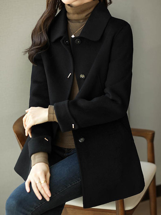 Long Sleeves Loose Buttoned Pockets Solid Color Lapel Woolen Coat