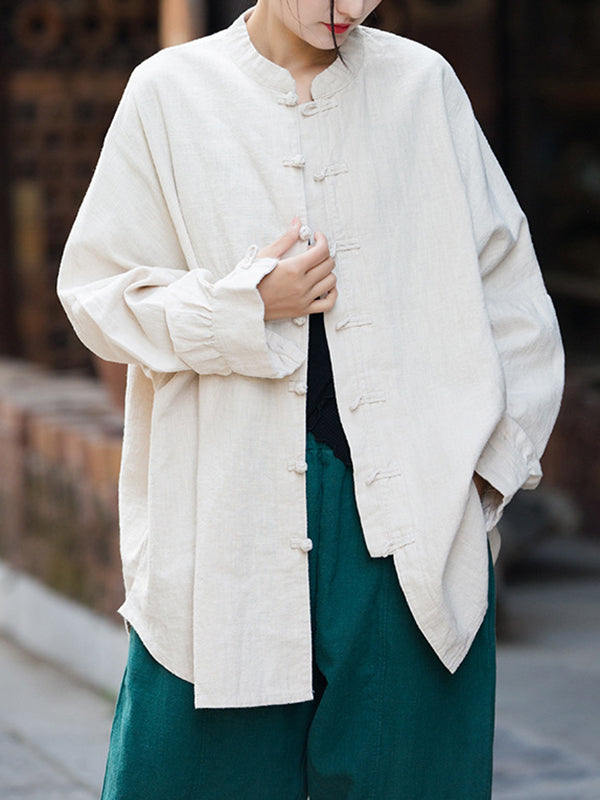 Batwing Sleeves Loose Chinese Frog Buttons Pleated Solid Color Split-Joint Stand Collar Blouses