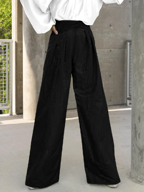 Contrast Color Round-Neck Puff Sleeves Blouse Top + Wide Leg Pants Two Pieces Set