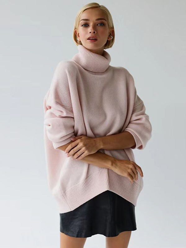 Casual Long Sleeves Loose Solid Color High-Neck Sweater Tops