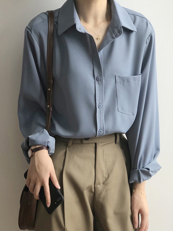Urban Solid Color Lapel Long Sleeves Blouse