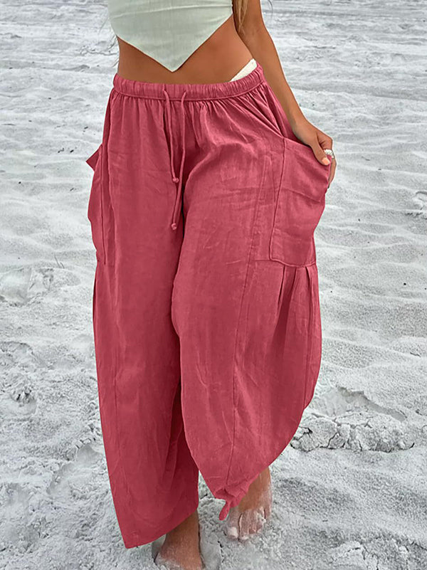 High Waisted Loose Drawstring Elasticity Pleated Pockets Solid Color Ninth Pants Trousers