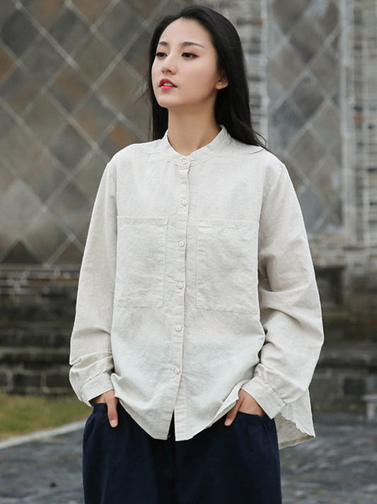 Vintage Ramie Cotton Solid Color Long Sleeve Blouse