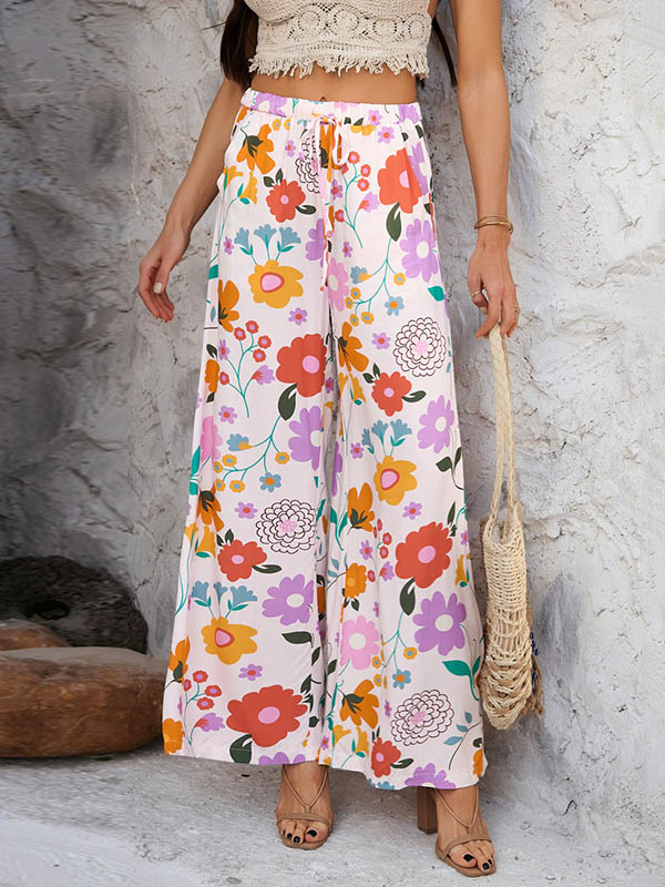 High Waisted Loose Contrast Color Drawstring Flower Print Pockets Pants Trousers