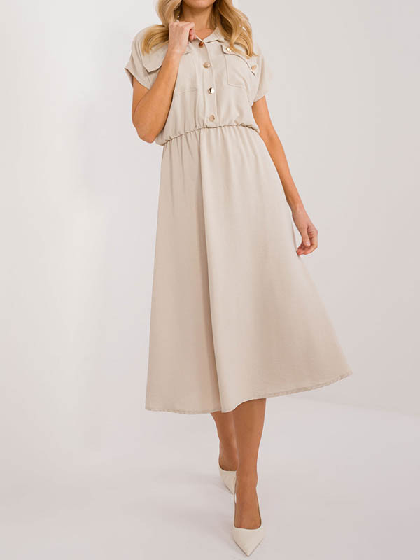 A-Line High Waisted Buttoned Pleated Solid Color Lapel Midi Dresses
