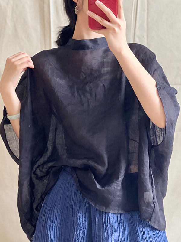 Batwing Sleeves Loose Lace-Up See-Through Solid Color Stand Collar Shirts Tops