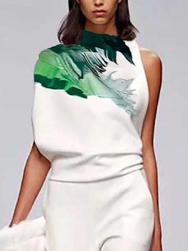 Loose Sleeveless Printed Mock Neck Vest Top