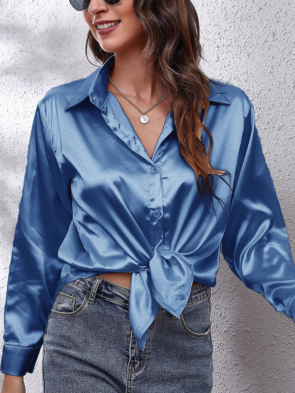 Long Sleeves Loose Solid Color Lapel Blouses&Shirts Tops