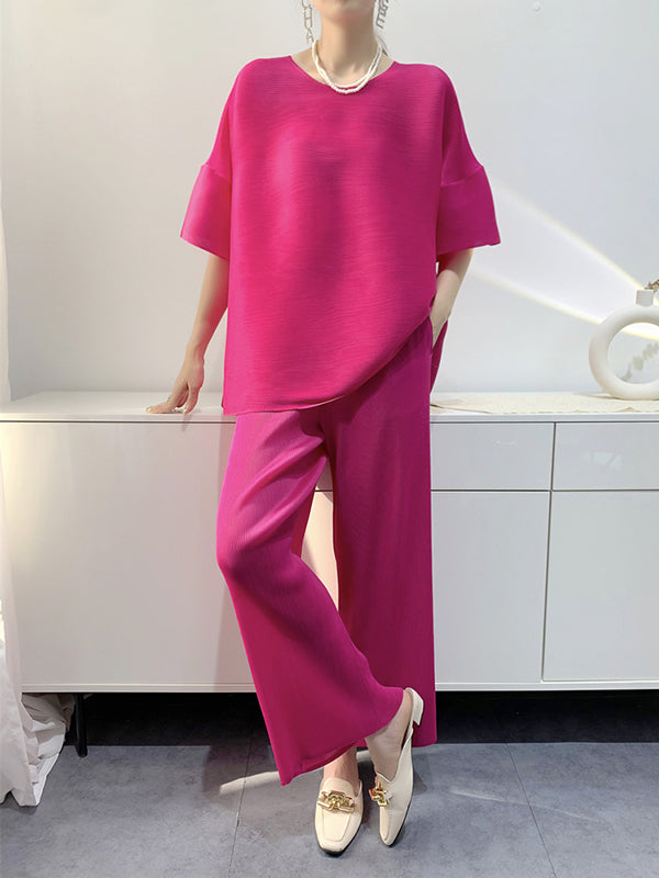 Elastics Pleated Solid Color Round-Neck T-Shirt + Wide Leg Pants Two Pieces Set