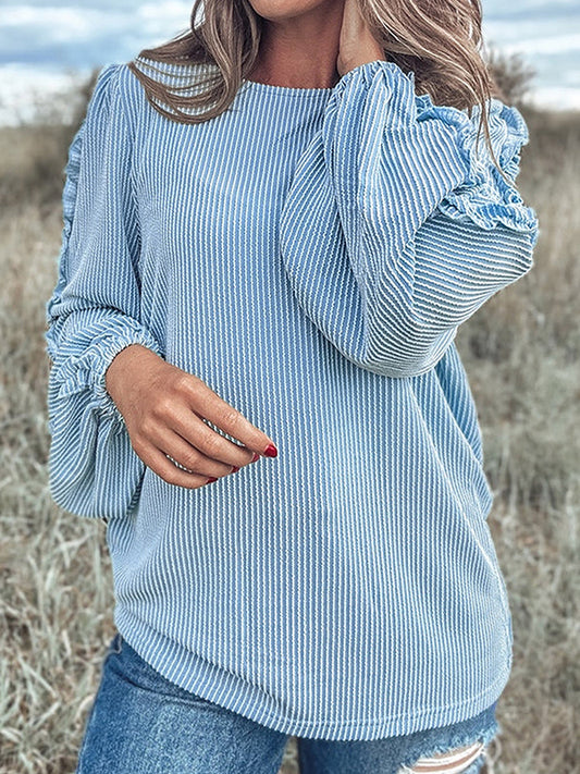 Long Sleeves Loose Ruffle Trim Solid Color Round-Neck Blouses&Shirts Tops
