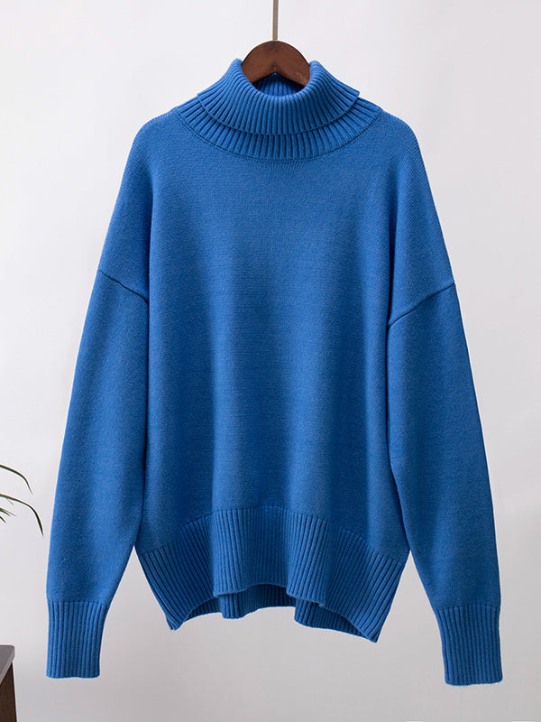 High-Low Long Sleeves Solid Color Split-Joint High Neck Sweater Tops