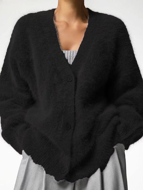Long Sleeves Loose Buttoned Solid Color V-Neck Cardigan Tops