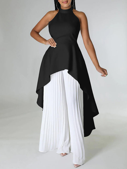 High-Low Loose Backless Lacy Solid Color Halter-Neck Suits