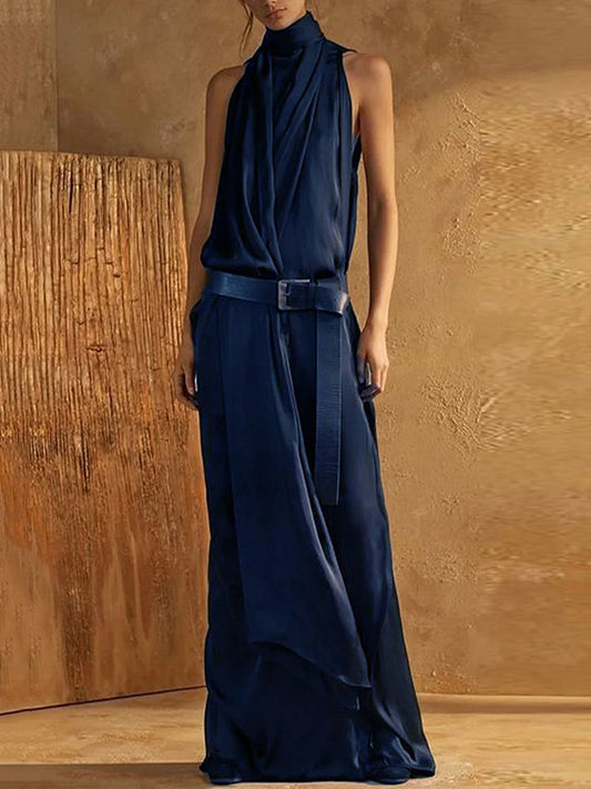 Loose Sleeveless Solid Color Split-Joint High Neck Maxi Dresses
