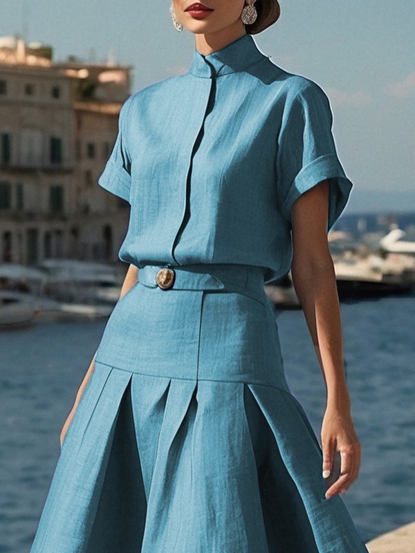 Loose Short Sleeves Solid Color Mock Neck Blouses&Shirts Tops