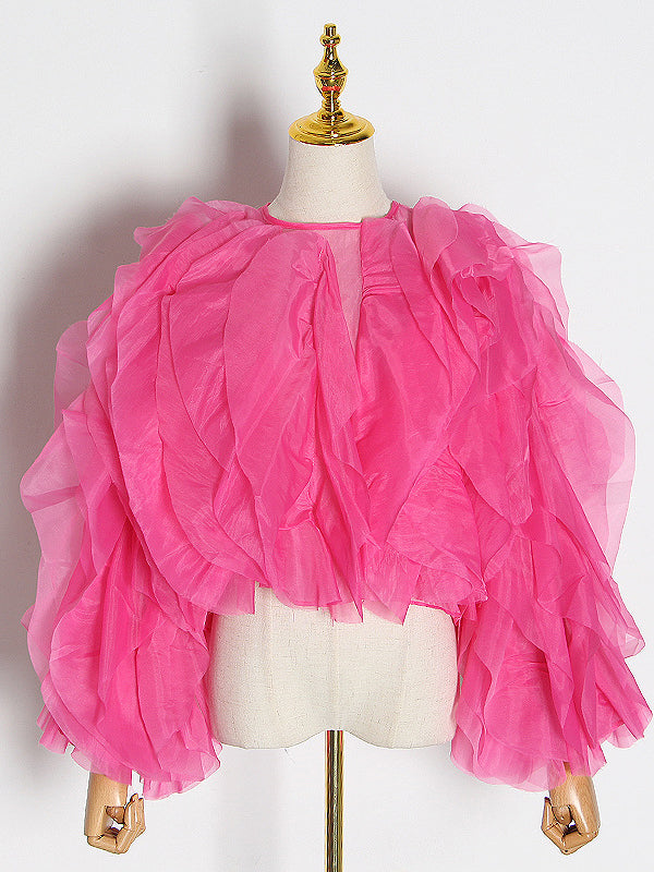 Long Sleeves Loose Lace-Up Solid Color Tiered Round-Neck Blouses&Shirts Tops