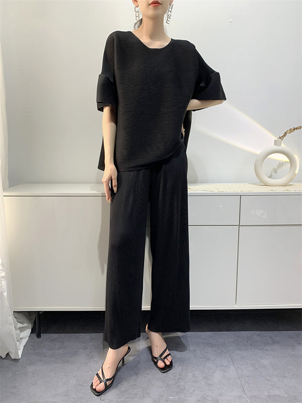 Elastics Pleated Solid Color Round-Neck T-Shirt + Wide Leg Pants Two Pieces Set