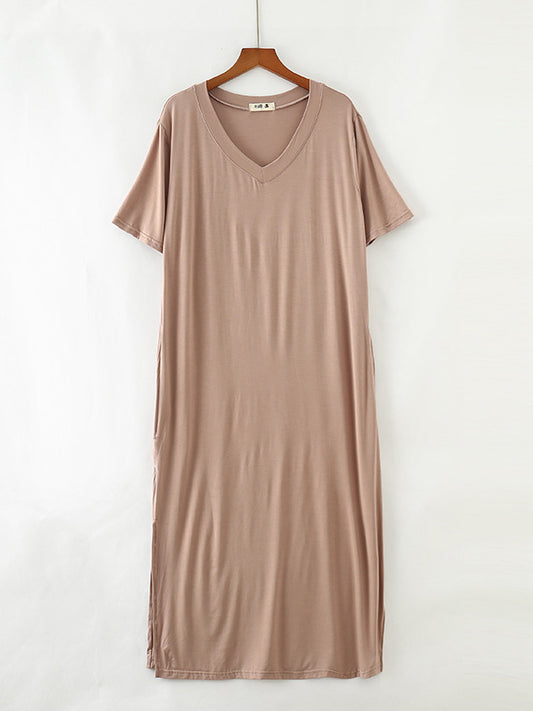 Simple Short Sleeves Loose Split-Side Solid Color V-Neck Pajamas Dress