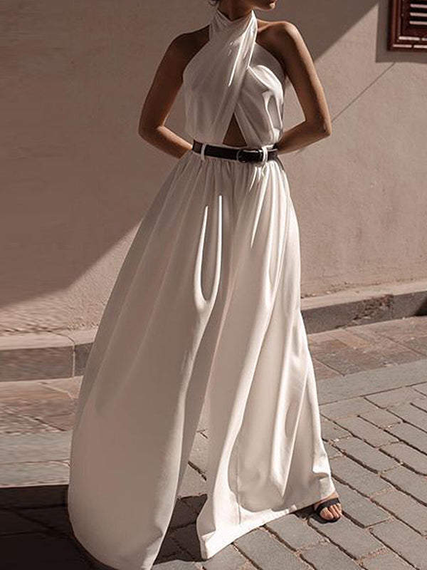 High Waisted Loose Backless Hollow Pleated Solid Color Split-Joint Halter-Neck Jumpsuits