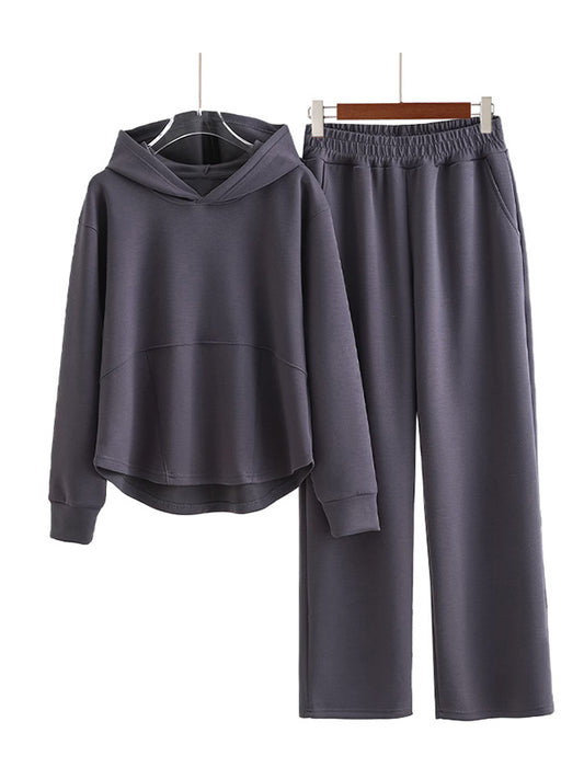 High-Low Long Sleeves Elasticity Solid Color Split-Joint Hooded Pajama Sets