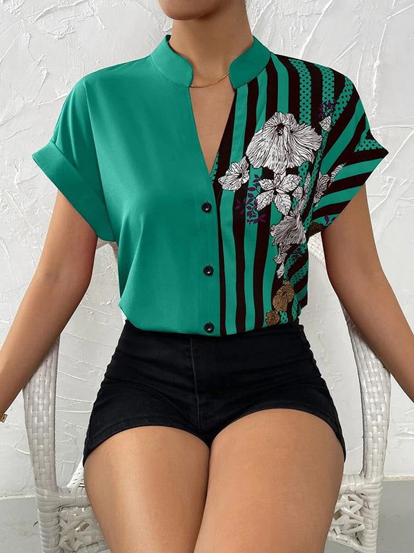 Loose Short Sleeves Buttoned Contrast Color Flower Print Striped V-Neck Blouses&Shirts Tops