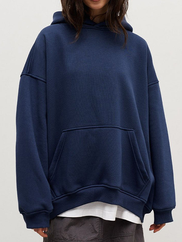 Long Sleeves Loose Pockets Solid Color Velvet Hooded Hoodies Tops