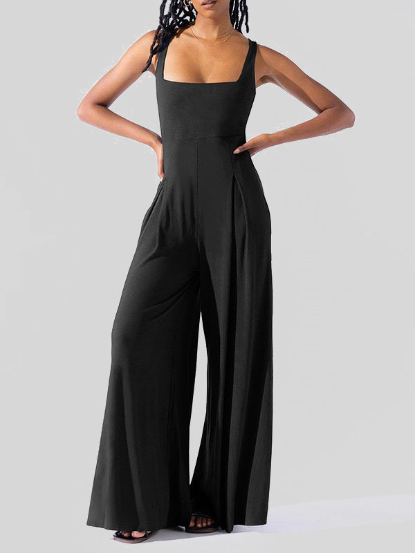 Loose Sleeveless Pleated Solid Color Spaghetti-Neck Jumpsuits