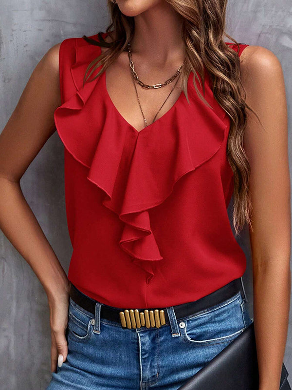 Loose Sleeveless Ruffled Solid Color V-Neck Vest Top