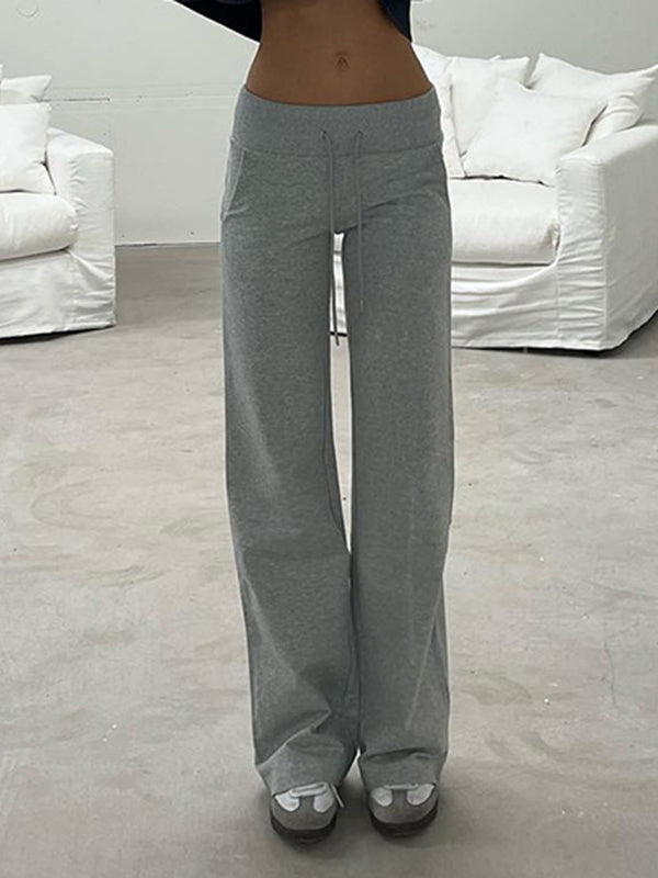 Flared Pants Loose Drawstring Pockets Solid Color Pants Trousers