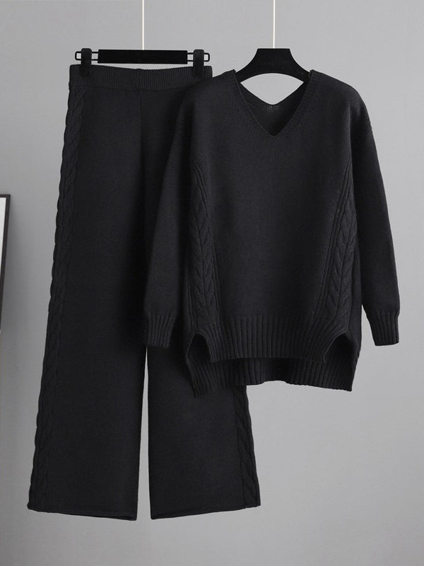 Urban Loose Solid Color V-Neck Sweater Tops& Wide Leg  Pants Suits