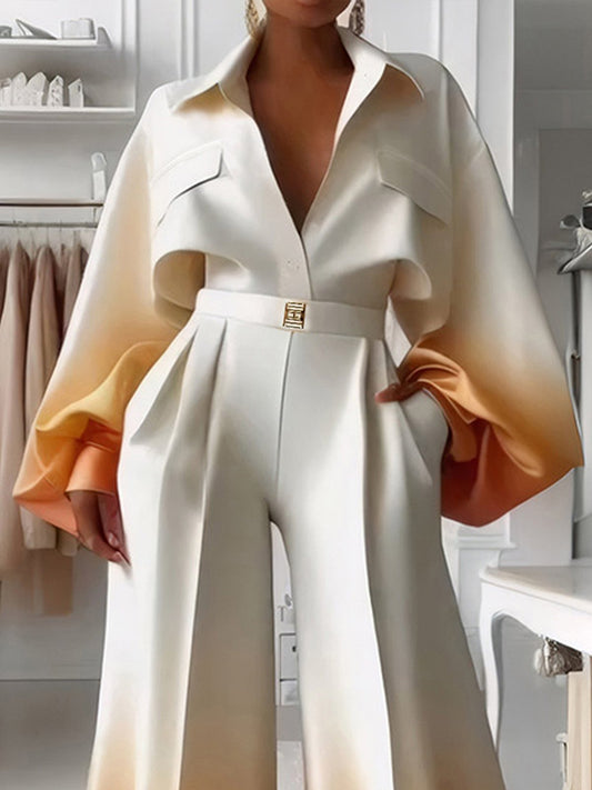 Loose Puff Sleeves Gradient Split-Joint Lapel Blouses&Shirts Tops